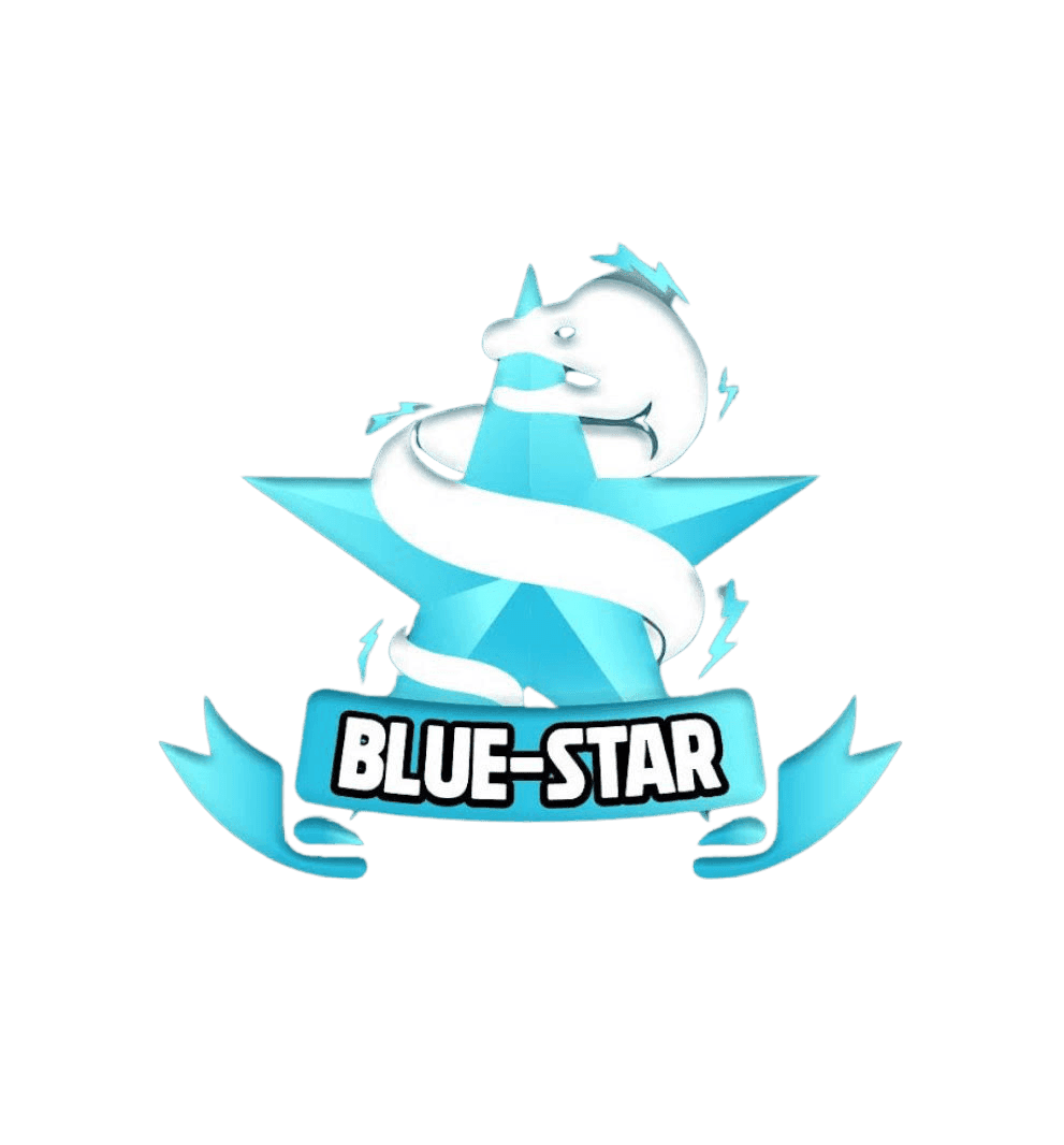 Blue Star Pressure Washing & Surface Cleaning logo featuring a bold blue star, wrapped in a white swirl resembling water flow, with a banner reading 'Blue-Star' below, symbolizing cleanliness and professional service